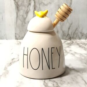 Rae Dunn Ceramic HONEY Pot/ Jar With Wooden Honey Dipper  &‎ Yellow Bee Lid